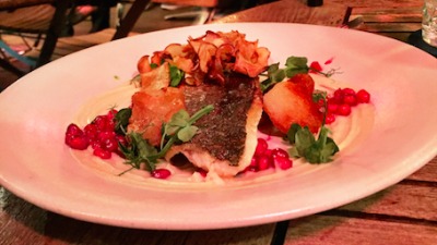Luxe Bible Reviews Mews of Mayfair: Roast Seabass with Jerusalem Artichoke and Pomegranate